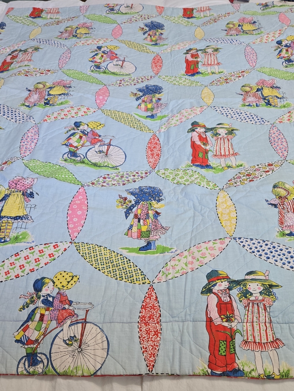 Vintage-Holly Hobbie Inspired Children's Print Patchwork Quilt - Light Blue